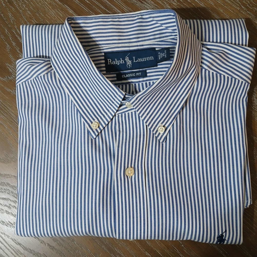 Ralph Lauren Men Shirt Button Down Sz 16 34/35 (L) Blue Strip Classic Fit - Picture 12 of 13